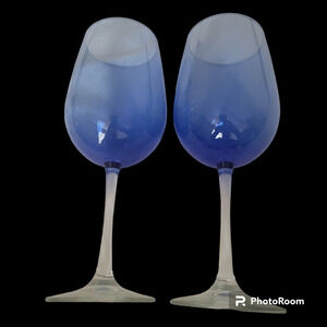 Set of‎ Two Wine or Water Glasses Hand Blown 9 inches Tall Blue Tint